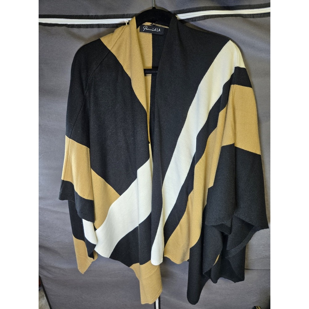 Parrish LA Stevie‎ Poncho OSFA Rachel Zoe Black Ivory Camel Color Block Sweater